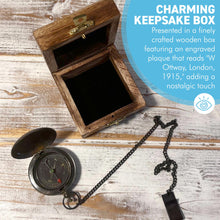 Load image into Gallery viewer, Brass Pocket Compass with chain in wooden keepsake box, ideal for outdoor use