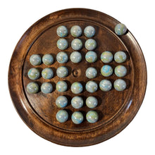 Load image into Gallery viewer, 30cm Diameter DARK WOOD SOLITAIRE BOARD GAME with THUNDERBOLT GLASS MARBLES | |classic wooden solitaire game | strategy board game | family board game | games for one | board games