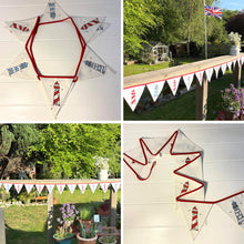 Load image into Gallery viewer, Cotton Lighthouse Bunting (195cm long) for Coastal Dรฉcor and Celebrations,12 Flags, Red & Blue Nautical Theme, Reusable & Washable