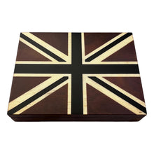 Load image into Gallery viewer, Hand Carved Sheesham Wood Union Jack Card Box,  Premium Storage Case with Green Baize Lining & 2 Decks of Playing Cards