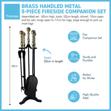 Load image into Gallery viewer, Large brass handled metal 5-piece fireside companion set | Fire companion sets | includes stand, brush, tongs, poker, and shovel | 61cm high | Wood burner set | Fireside tools accessories