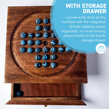 Load image into Gallery viewer, Wooden Solitaire with Drawer for Brontosaurus Marbles | Travel Games | Strategic & Traditional Games | Perfect for Adults & Family Fun
