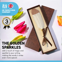 Load image into Gallery viewer, WHITE FEATHER WITH GOLDEN SPARKLES BALL POINT PEN | Sparkly Pen | Golden Pen | Feather Pen | Special Person | Wizards Pen | Guest Book Pen | Wedding Pen