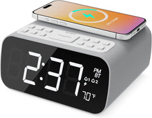 Load image into Gallery viewer, MAJORITY Bluetooth Bedside FM Radio Alarm Clock | Wireless Charging for Phones| 12W Stereo Sound with Dual Alarm, Built-in Thermometer, and 30 Presets | Large Dimmable Display Darwin digital clock