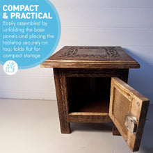 Load image into Gallery viewer, Folding Wooden Side Table with lockable storage, Decorative Wooden Side Table with cutwork detail, Bedside Table