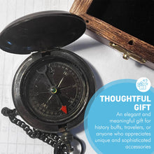Load image into Gallery viewer, Brass Pocket Compass with chain in wooden keepsake box, ideal for outdoor use