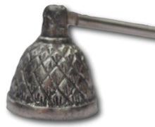 Load image into Gallery viewer, Distressed style chrome plated metal candle snuffer with decorated bell end
