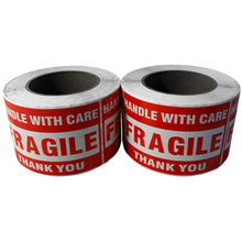 Load image into Gallery viewer, Two Rolls Premium Fragile Warning Stickers – Self-Adhesive “Fragile Handle with Care” Shipping Labels, 1000 Stickers per Roll, Bright Red & White, Waterproof & Tear-Resistant, for Boxes, Parcels & Packages