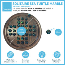 Load image into Gallery viewer, 30cm Diameter WOODEN SOLITAIRE BOARD GAME with SEA TURTLE GLASS MARBLES | classic wooden solitaire game | strategy board game | family board game | games for one | board games