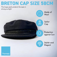 Load image into Gallery viewer, Traditional Wool Breton Cap | Size 58cm | Captain Fisherman Mariner Yachtsman Sailors Fiddlers Cap | Baker Boy flat cap skipper | Designed in the UK | classic peaked French and Greek boatman's hat
