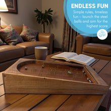 Load image into Gallery viewer, Classic vintage style 𝗧𝗔𝗕𝗟𝗘𝗧𝗢𝗣 𝗣𝗜𝗡𝗕𝗔𝗟𝗟 𝗕𝗔𝗚𝗔𝗧𝗘𝗟𝗟𝗘 𝗚𝗔𝗠𝗘 50cm x 30cm, Spring plunger with brass pins and steel balls, Shesham Rose wood board, vintage traditional pub game