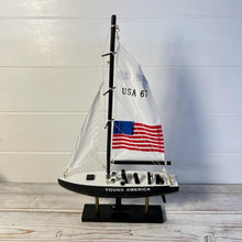 Load image into Gallery viewer, YOUNG AMERICA AMERICAS CUP MODEL YACHT | Sailing | Yacht | Boats | Models | Sailing Nautical Gift | Sailing Ornaments | Yacht on Stand | 33cm (H) x 21cm (L) x 4cm (W)