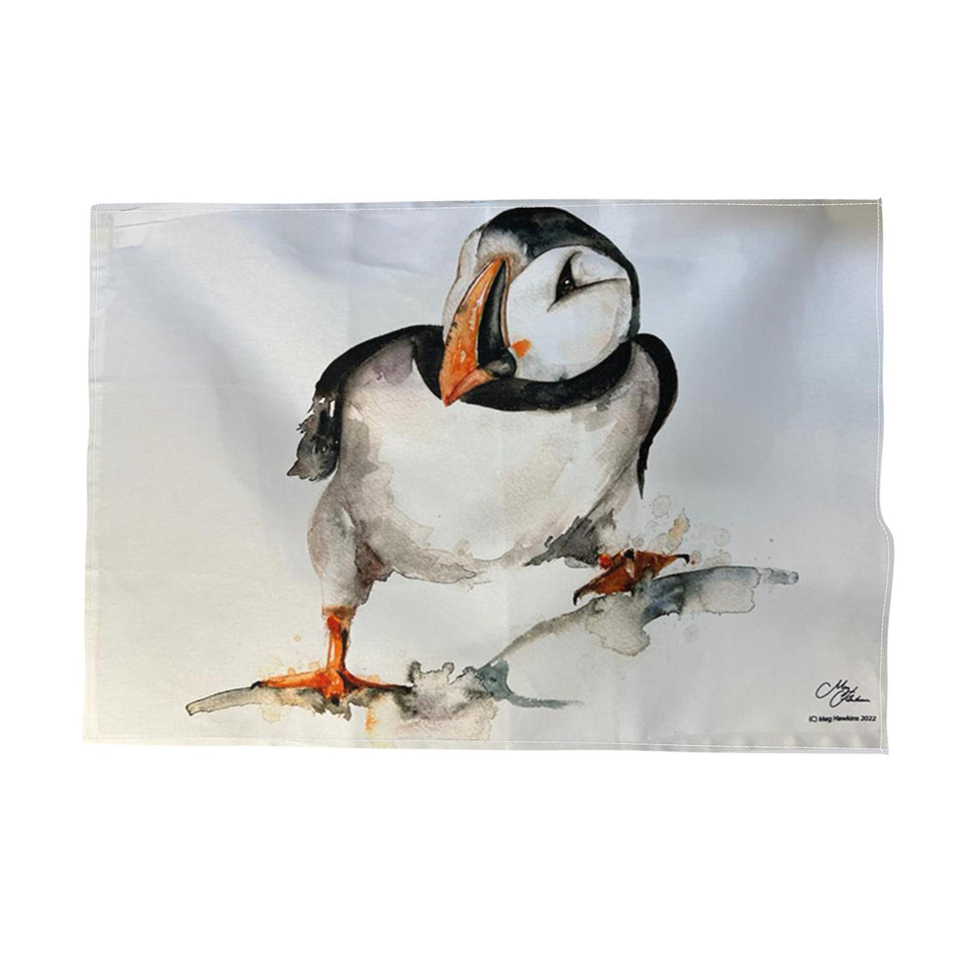 CURIOUS PUFFIN TEA TOWEL | 100% Cotton | Large kitchen towel for drying| Hand towel with group of Puffins | Puffin themed gift | Beach Gift | Cotton tea towel | 70 cm x 50 cm