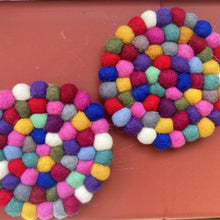 Load image into Gallery viewer, Pair of Handmade Rainbow Wool Felt Ball Mat | Colorful Coaster Trivets | Home Decor Table Mat