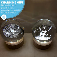 Load image into Gallery viewer, Set of Two 3D Crystal Ball Night Light USB Lamp with Galaxy and Reindeer designs, elegant modern illumination for any room