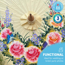 Load image into Gallery viewer, FLORAL OILED PAPER SUNSHADE PARASOL | Sun Protection | Wedding Accessories | UV Protection | Pink and Blue Flowers | Butterflies | Cream
