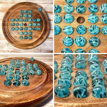 Load image into Gallery viewer, 22cm Diameter wooden SOLITAIRE BOARD GAME with BRILLIANT BLUE OXYGEN GLASS MARBLES | classic wooden solitaire game | strategy board game | family board game | games for one | board games