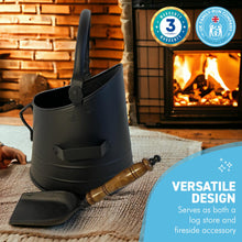 Load image into Gallery viewer, 28cm(h) Straight sided Matt Black COAL BUCKET with shovel | scuttle | hod | BUILT IN 30CM SHOVEL | Fireside accessory | log store | fireplace