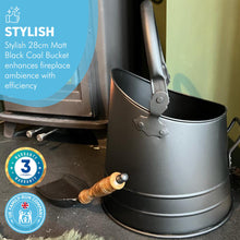 Load image into Gallery viewer, 28cm(h) Straight sided Matt Black COAL BUCKET with shovel | scuttle | hod | BUILT IN 30CM SHOVEL | Fireside accessory | log store | fireplace