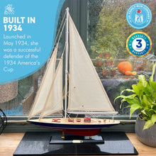 Load image into Gallery viewer, Detailed 50cm long wooden model Rainbow J Class Sailing Yacht | Americas Cup Racing Yacht | Nautical ornament | sailboat model | Rainbow sailing ship model | Fully assembled model boat kit