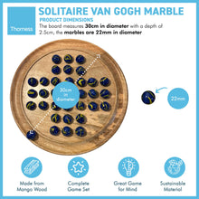Load image into Gallery viewer, 30cm Diameter WOODEN SOLITAIRE BOARD GAME with VAN GOGH GLASS MARBLES | classic wooden solitaire game | strategy board game | family board game | games for one | board games