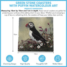 Load image into Gallery viewer, Green Stone Coaster with Puffin Image, Wildlife Watercolour Design, Wildlife Coaster