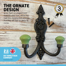 Load image into Gallery viewer, CAST IRON FRENCH STYLE DOUBLE ORNATE HOOKS | Lime green Ceramic Ball Tops | Cloakroom Hook | Decorative Double Hook, hat and coat hook | 15cm x 11cm.