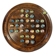 Load image into Gallery viewer, 30cm Diameter DARK WOOD SOLITAIRE BOARD GAME with HELTER SKELTER GLASS MARBLES | |classic wooden solitaire game | strategy board game | family board game | games for one | board games
