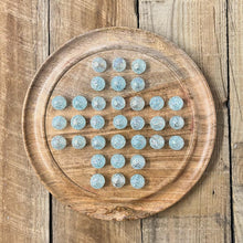 Load image into Gallery viewer, 30cm Diameter MANGO WOOD SOLITAIRE BOARD GAME with  SNOWFLAKE GLASS MARBLES | |classic wooden solitaire game | strategy board game | family board game | games for one | board games