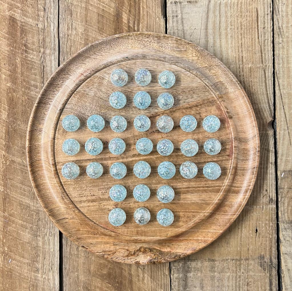30cm Diameter MANGO WOOD SOLITAIRE BOARD GAME with  SNOWFLAKE GLASS MARBLES | |classic wooden solitaire game | strategy board game | family board game | games for one | board games