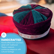 Load image into Gallery viewer, Size 58cm, medium, Handmade Nepalese maroon and deep green velvet Smoking Cap with traditional Tibetan design, lightweight, stylish design