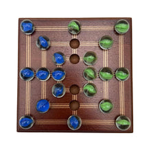 Load image into Gallery viewer, Nine Mans Morris marble game with wooden board | Quirky strategy solitaire marble game | includes 20 glass marbles and wooden board | 14cm x 14cm | Mill Game | Traditional wooden game