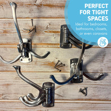 Load image into Gallery viewer, Set of four Aluminium Triple 𝗦𝗪𝗜𝗩𝗘𝗟 𝗖𝗢𝗔𝗧 𝗛𝗢𝗢𝗞𝗦 3-Prong Wall Mounted Hanger for Towels Robes Bags Jackets Bathroom Entryway