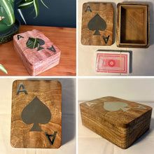 Load image into Gallery viewer, Handcrafted 𝗪𝗢𝗢𝗗𝗘𝗡 𝗣𝗟𝗔𝗬𝗜𝗡𝗚 𝗖𝗔𝗥𝗗 𝗕𝗢𝗫 with Silver Ace of Spades Inlay – Single Deck Storage Case with Playing Cards, Poker Gift for Card Players