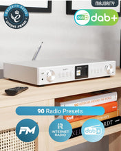 Load image into Gallery viewer, Bluetooth Internet Radio with DAB+ | Digital Tuner for Hifi Stack | FM, Spotify Connect, Podcasts | 90+ Presets, Colour LED Display | USB, AUX, RCA | Remote Control | MAJORITY Fitzwilliam 2024 Silver