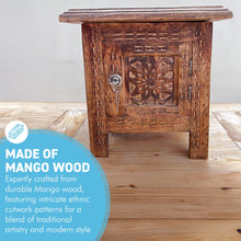 Load image into Gallery viewer, Folding Wooden Side Table with lockable storage, Decorative Wooden Side Table with cutwork detail, Bedside Table