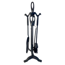 Load image into Gallery viewer, Metal matt black turn-handled 5-piece fireside companion set | Fire companion sets | includes stand, brush, tongs, poker, and shovel | 47cm high | wood burner set | Fireside tools accessories | Fire set