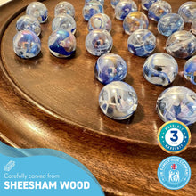 Load image into Gallery viewer, 30cm Diameter WOODEN SOLITAIRE BOARD GAME with VAPOUR GLASS MARBLES | classic wooden solitaire game | strategy board game | family board game | games for one | board games