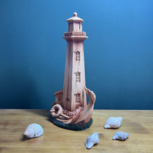 Load image into Gallery viewer, Handcrafted Wood-Effect Lighthouse: 22cm Height, Intricate Carving, Adorned with Whale Tail Design