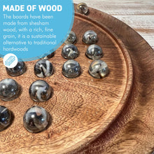 Load image into Gallery viewer, 22cm Diameter wooden SOLITAIRE BOARD GAME with CLEAR POLAR SWIRL GLASS MARBLES | classic wooden solitaire game | strategy board game | family board game | games for one | board games
