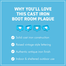 Load image into Gallery viewer, The Boot Room Plaque – A Cast Iron Wall Sign with an Antique Iron Finish