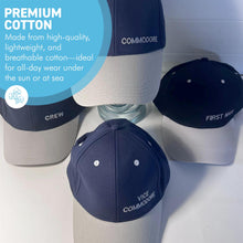 Load image into Gallery viewer, Set of 4 Adjustable Navy-Blue Baseball Caps, Commodore, Engineer, First Mate and Crew, Nautical Boating Hats for Sailing, Yachting & Team Uniform