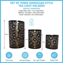Load image into Gallery viewer, Set of 3 Moroccan-Style Round Tea Light Holders, Arabic Design, Black & Gold Metal Finish - Perfect for Home Decor