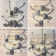 Load image into Gallery viewer, Set of four Aluminium Triple 𝗦𝗪𝗜𝗩𝗘𝗟 𝗖𝗢𝗔𝗧 𝗛𝗢𝗢𝗞𝗦 3-Prong Wall Mounted Hanger for Towels Robes Bags Jackets Bathroom Entryway