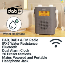 Load image into Gallery viewer, Waterproof DAB Radio with Bluetooth | Portable IPX5 Shower DAB, DAB+ Digital and FM Radio | Majority Eversden Water Resistant Radio | In-Built Battery, Mains Powered, 20 Presets and LED Display