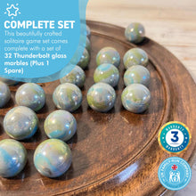 Load image into Gallery viewer, 30cm Diameter DARK WOOD SOLITAIRE BOARD GAME with THUNDERBOLT GLASS MARBLES | |classic wooden solitaire game | strategy board game | family board game | games for one | board games
