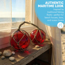 Load image into Gallery viewer, TWO DEEP RED GLASS FISHING FLOAT ORNAMENTAL SEA BUOY | hand blown | nautical seafaring fishing rustic décor | 10cm diameter | with rustic brown string netting and hanging loop | Japanese style glass fishing floats