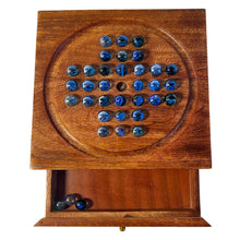 Load image into Gallery viewer, Wooden Solitaire with Drawer for Traditonal Blue Marbles | Travel Games | Strategic & Traditional Games | Perfect for Adults & Family Fun