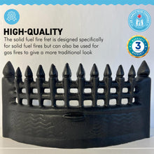 Load image into Gallery viewer, 16 Inch Castle Fire Front Fret Matt Black | Large Cast Iron Sturdy Fireplace Accessory