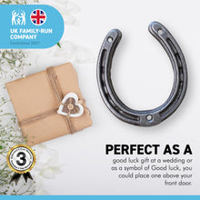 Load image into Gallery viewer, Decorative Cast Iron Horseshoe | cast iron decorative wall door decor | Wedding Arts and Craft | Fixing screws included | 9cm (h) x 7.5cm (w) | Horse shoe good luck charm